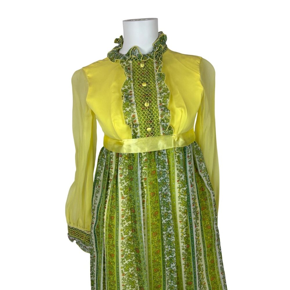 Vintage 70s Maxi Dress Juniors Sheer Yellow Chiffon Sleeves Printed Skirt Bow - Picture 3 of 13
